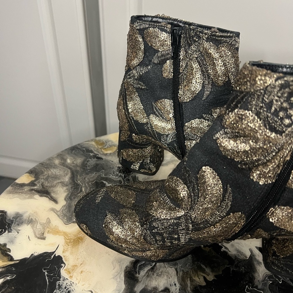 Made in Italy Gold Brocade Sequin Ankle Boots Leather Sole - Picture 9 of 13